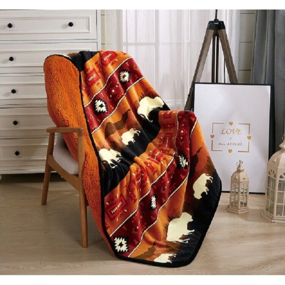 New Rust Rustic Bison Buffalo Sherpa Plush Throw Gift Blanket Native Art Orange - Picture 2 of 5